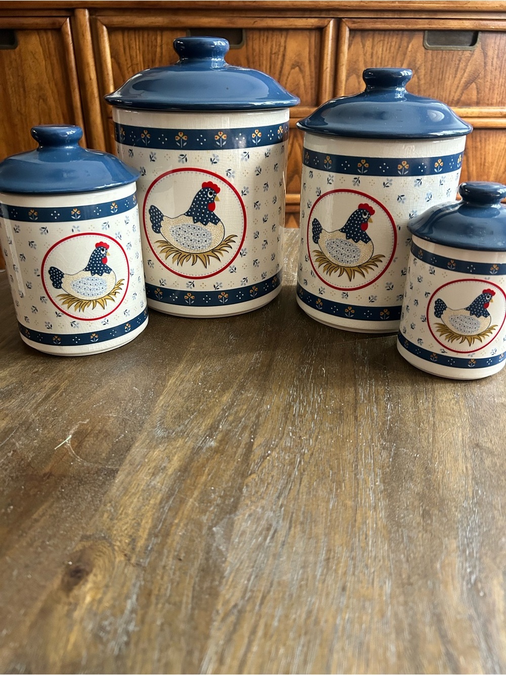 Vintage Blue Hen Pattern Ceramic Kitchen Canister Set - 4 Piece